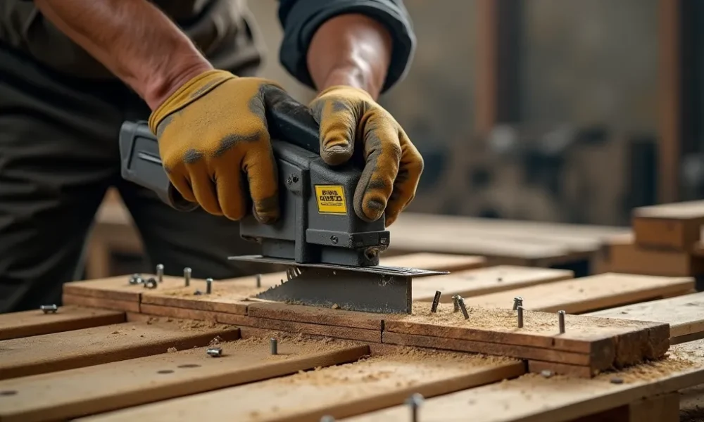 Operatore in officina mentre ripara un pallet con una sega a gattuccio e lame da taglio per legno con chiodi